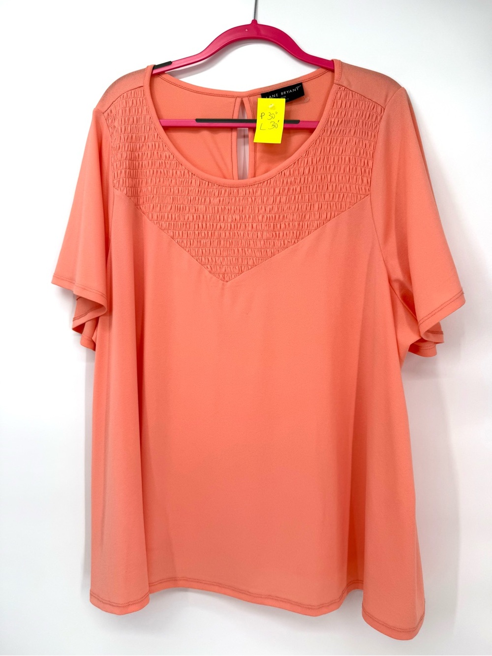 Lane Bryant Coral Smocked Yoke Short Flutter Sleeve Blouse